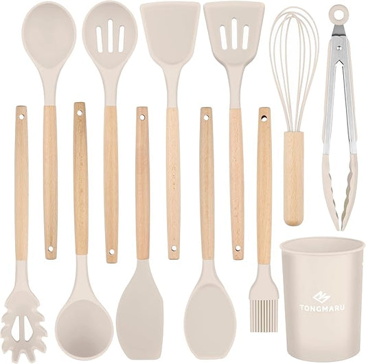 Silicone Cooking Utensils Set, Premium Beech Wood Handle Kitchen Gadgets Utensil Set, Non-Stick Kitchen Utensils Spatula, Tongs, Turner, Whisk, Brush, Spoon, BPA FREE, 446°F Resistant (Khaki)-Ruum Studio Home
