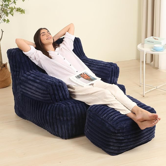 Comfy Gaint Bean Bag Chair with Ottoman, Fluffy Huge Bean Bag Armchair for Adults and Teens, Dark Blue-Ruum Studio Home