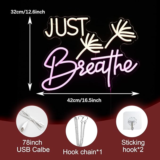 Just Breathe Neon Sign Dimmable Breathe Neon Signs Light Up Sign for Wall Decor LED Letters Neon Light by USB for Bedroom Yoga Studio Gym Reading Room(12.6 * 16.5In)-Ruum Studio Home