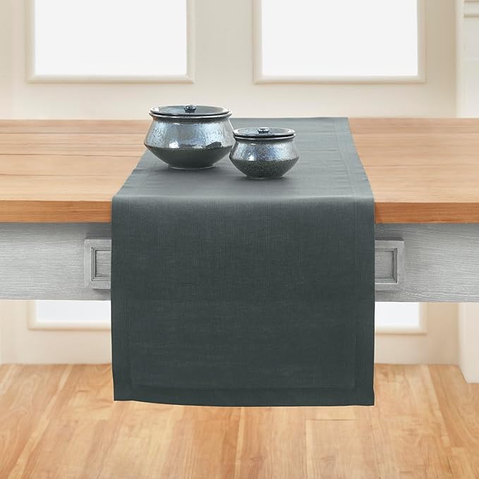 Solino Home Linen Table Runner 120 Inches Long - 100% Pure Linen Dark Grey Dining Table Runner 14 x 120 Inch for Fall, Autumn, Halloween, Thanksgiving - Fete-Ruum Studio Home
