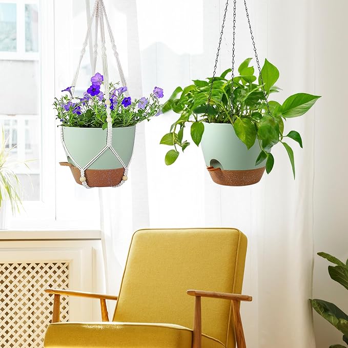 10 inch Self Watering Hanging Planters for Indoor Plants, 2 Pack Hanging Baskets for Outdoor Plants, Hanging Flower Pots with Drainage Holes & 2 Kinds of Plant Hangers for Home Decor, Green-Ruum Studio Home