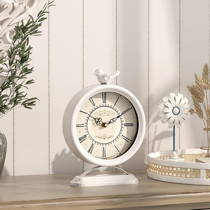 Vintage Table Clock with Bird, European Antique Style White Mantel Clocks, Desk and Shelf Decor Clock, for Farmhouse, Bedside, Living Room, Bedroom, Gift (9" H x 6.5" W)-Ruum Studio Home