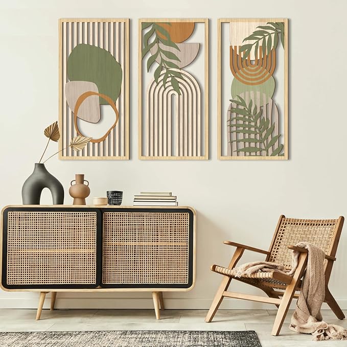 IARTTOP Boho Mid-century Modern Wood Wall Art 16x32 Inch Large Green Abstract Wood Wall Decor Mid Century Bohemian Artwork for Bedroom Living Room Office Kitchen Set of 3-Ruum Studio Home