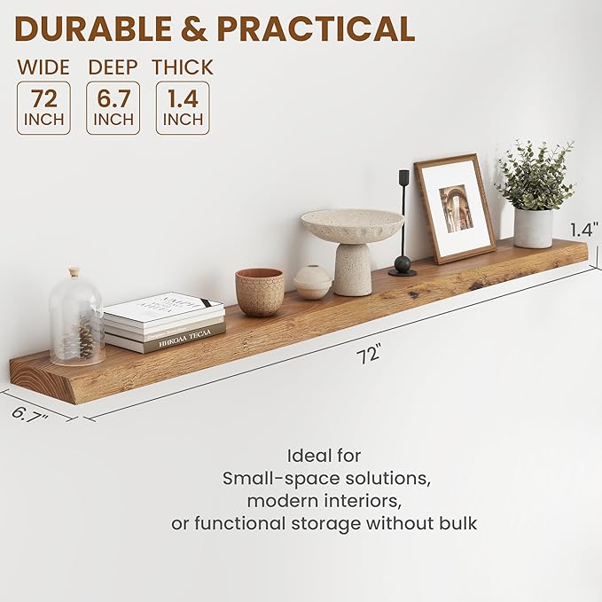 72" Floating Shelves, Live Edge Elm Wood Floating Shelf for Wall, Wall-Mounted Display Shelves with Invisible Heavy-Duty Bracket, Long Floating Shelf for Bathroom, Kitchen, Living Room, Natural Color-Ruum Studio Home