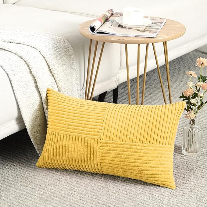 Fancy Homi 2 Packs Yellow Long Lumbar Decorative Throw Pillow Covers 12x24 Inch for Couch Bed Sofa, Rustic Farmhouse Boho Home Decor, Soft Striped Corduroy Rectangle Accent Cushion Case 30x60 cm-Ruum Studio Home