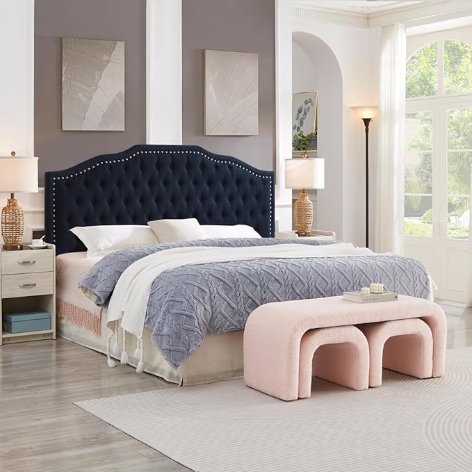24KF Upholstered Button Tufted King Size Headboard with Nailhead Trim, Elegant Boucle Fabric California King headboard, 6031-K-Boucle-Navy-Ruum Studio Home