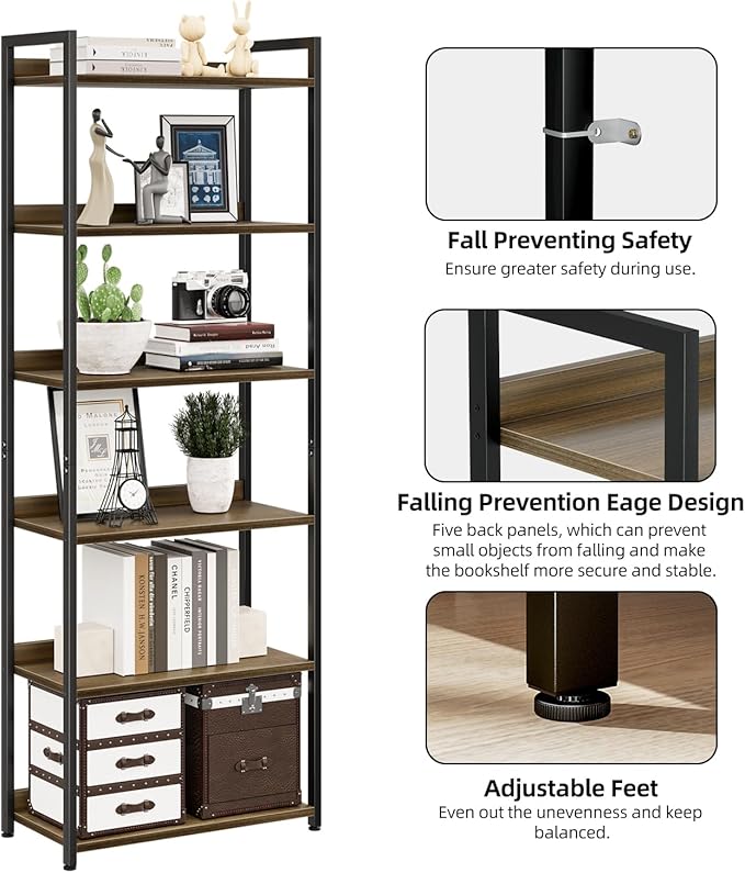 NUMENN Bookshelf, 6 Tier Bookshelves, Home Office Bookcase Shelf Storage Organizer, Free Standing Storage Shelving Unit for Bedroom, Living Room and Home Office, Dark Walnut-Ruum Studio Home