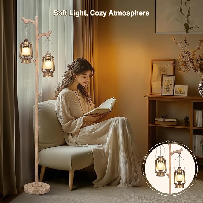 Scenekoy Vintage 68” Tall Floor Lamp with Lanterns, Retro Standing Lamp Tree Trunk Finish & Resin Body, Rustic Dimmable Corner Lamp Stand Up Light with Bulb Prefer for Living Room Bedroom Home Decor-Ruum Studio Home