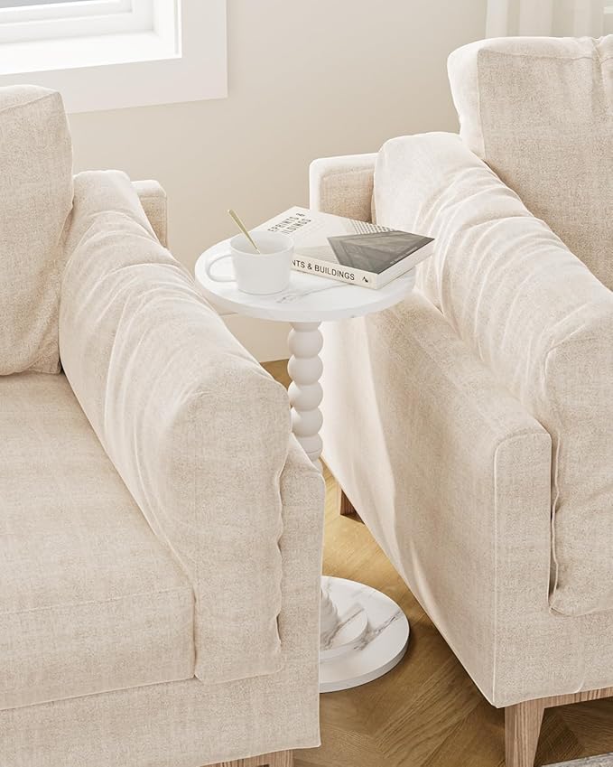 Masupu Round Side Table, Small Drink Table for Small Spaces, Pedestal End Table with Solid Wood Leg for Living Room, Bedroom, Corners(Marble White)-Ruum Studio Home