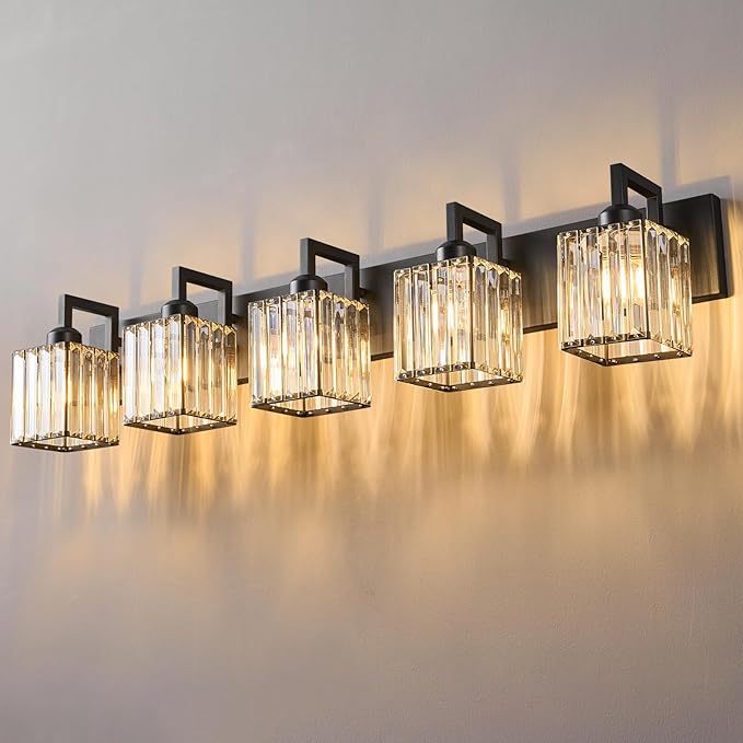 Modern Crystal Bathroom Vanity Light - 5-Lights Black Modern Crystal Wall Lamp for Bathroom Vanity Lighting-Ruum Studio Home