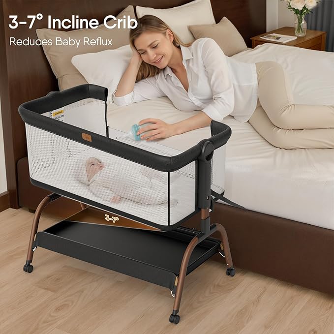 Baby Bassinet Bedside Crib, 3-in-1 Baby Bassinet Bedside Sleeper with Mattress and Soft, Breathable Sheet, Full-Mesh Sides, 6-Height Adjustable, Stable and Secure Crib for Newborns-Ruum Studio Home