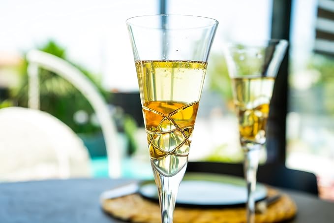 Victoria Barcelona Champagne Flute Set of 2 – 7.5 oz Mouth‑Blown Golden Luster Glass | Hand‑Painted with Real Gold Dust, Gaudí & Murano Inspired | Artistic Premium Gift Ideas for Her or Him-Ruum Studio Home