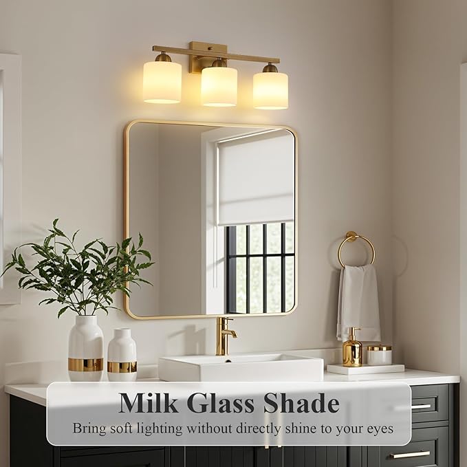 Stainless Steel Milk Glass Vanity Lights for Bathroom, 3 Light Brass Bathroom Light Fixtures Over Mirror, Ceramic E26 Sockets Wall Mounted-Ruum Studio Home