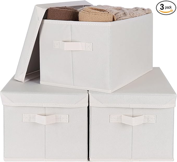 WUIKE 3 Pack Large Fabric Storage Baskets with Cover for Bedroom, Closet Storage Bins with Lids for Clothes, Towel, Blanket, Purse, Hats-Ruum Studio Home