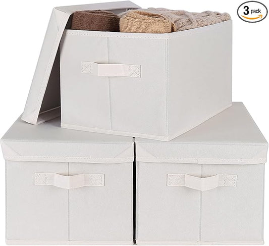 WUIKE 3 Pack Large Fabric Storage Baskets with Cover for Bedroom, Closet Storage Bins with Lids for Clothes, Towel, Blanket, Purse, Hats-Ruum Studio Home