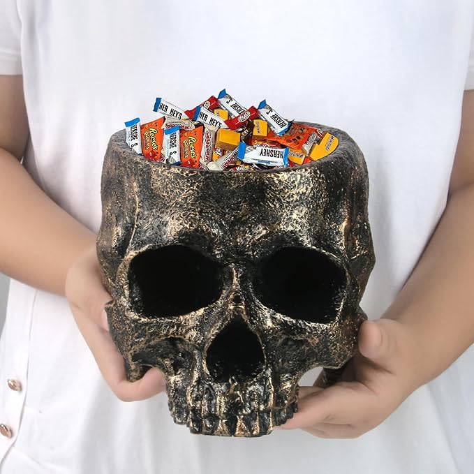 GameXcel Halloween Skull Candy Dish - Large Skull Candy Bowl for Trick or Treat - Skeleton Head Treat Container Planter or Desktop Halloween Decor - Bronze Resin-Ruum Studio Home