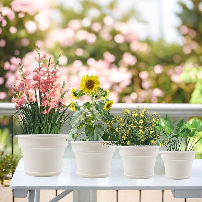 6 Inch Plastic-Flower Pot-for-Indoor Plants, 6 Pack Outdoor Plant Pots with Drainage Holes & Saucers, Resin Garden Pots Planters-Ruum Studio Home
