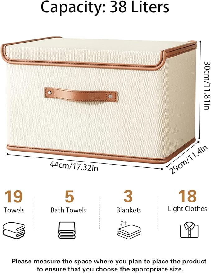 Tuza 2 Pack Storage Bins with Lids, Collapsible Closet Organizer Container, Fabric Organizer Box with Handles, Decorative Storage Boxes with Lids for Organizing Clothes, Books, File, White, Large-Ruum Studio Home