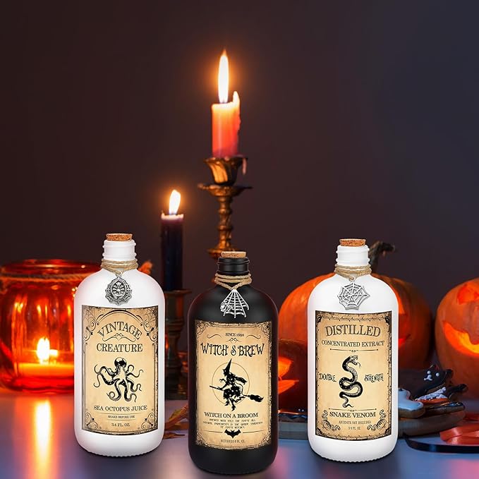 Uiifan 31 Pcs Halloween Potion Bottles Set Including Glass Apothecary Bottles with Cork Stickers and Pendants Halloween Decorations Indoor Party Supplies(White, Black,16 oz)-Ruum Studio Home