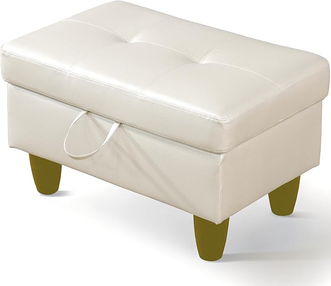 Ottoman Rectangular Storage Ottoman Bench, Faux Leather Footrest, Coffee Table, Stool Footstool with Hinged Lid for Living Room, Bedroom, Entryway, Pearl White, 28.5"x19"x17.5"-Ruum Studio Home