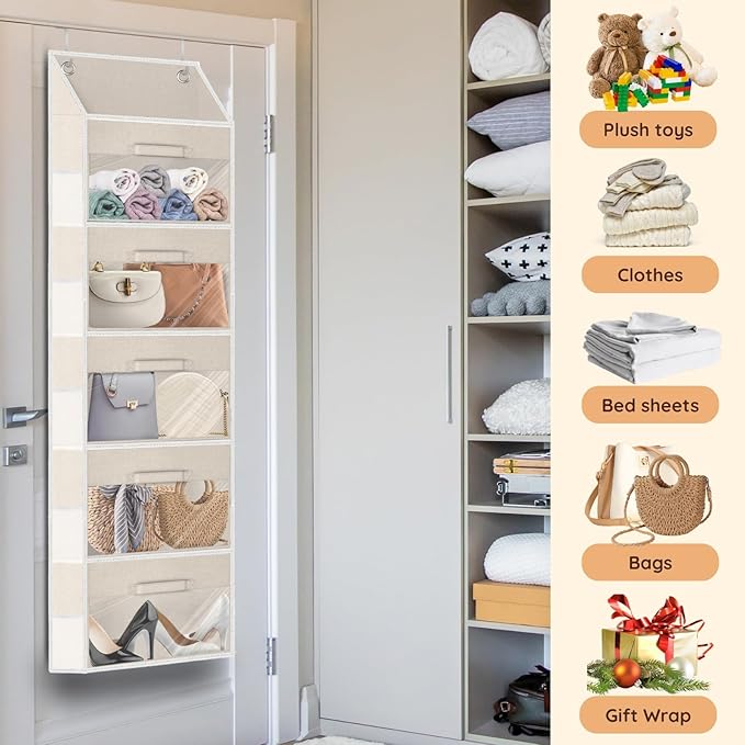 Over the Door Organizer with Drawers, 5 Tier Hanging Storage with Removable Bins & 10 Side Pockets, Over Door Closet Organizer for Baby Items, Yarn, Bed Sheets, Clothes, Toys, Towels – Beige-Ruum Studio Home