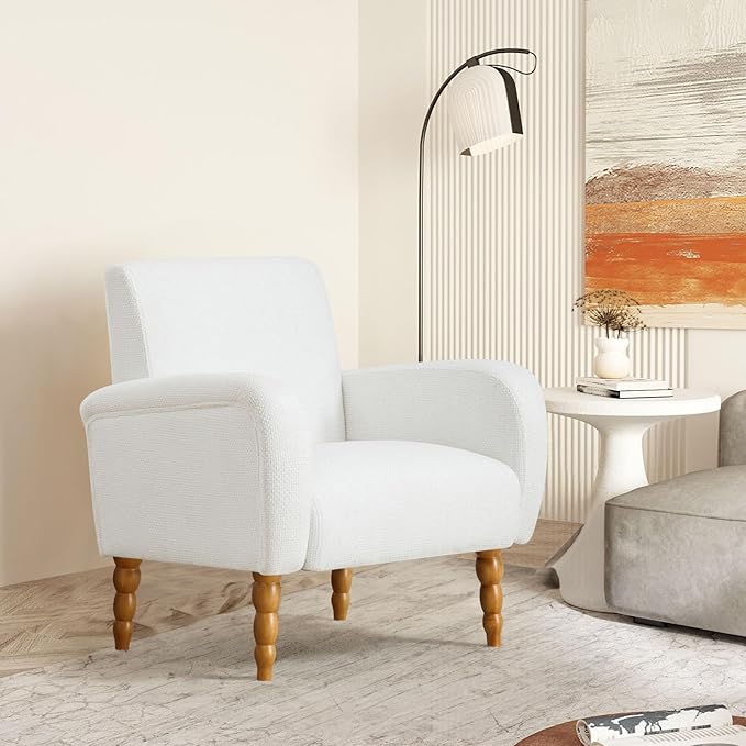 Chenille Fabric Accent Chair, Upholstered Armchair with Solid Wood Legs, Modern Living Room Accent Chair, Comfy Single Sofa Chair Reading Club Chair for Bedroom Reception Lounge, White-Ruum Studio Home