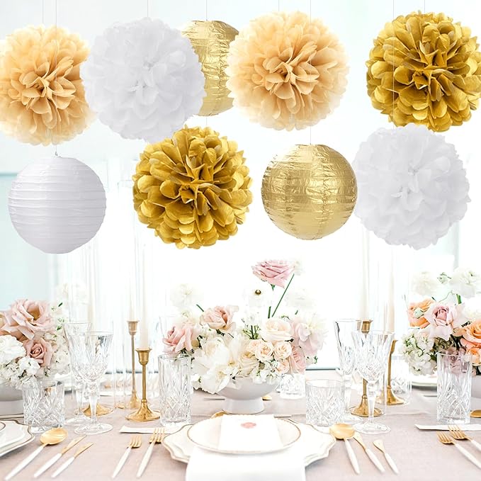 White Gold Party-Decorations Paper Flowers Lanterns - 15PCS Engagement Birthday Graduation Wedding Tissue Pom Poms Streamers,Neutral Bachelorette Baby Bridal Shower Hanging Supplies Decor Hugfond-Ruum Studio Home