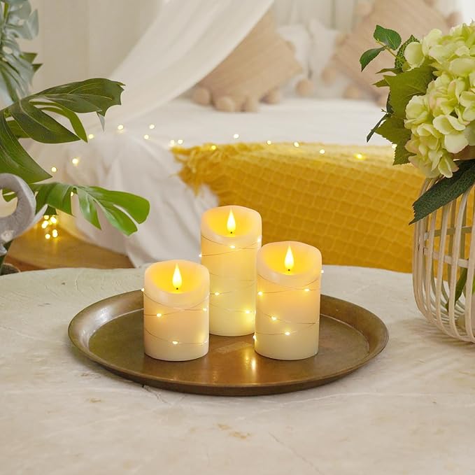 Homemory Flameless Candles with String Lights, 3 Pack Embedded Fairy String Lights LED Candles, Electric Flickering Candles with Remote Control and Timer, Real Wax, Ivory White-Ruum Studio Home