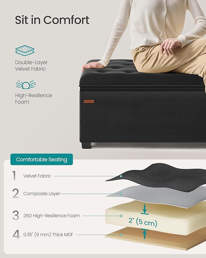 SONGMICS Velvet Storage Ottoman Bench, Foot Rest with Legs, 15.7 x 43 x 15.7 Inches, End of Bed Bench, Storage Chest, Load up to 660 lb, for Living Room, Bedroom, Entryway, Ink Black ULSF089B02-Ruum Studio Home