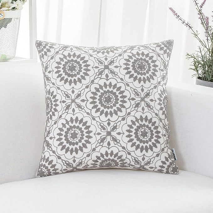 HWY 50 Gray Grey Decorative Throw Pillow Covers 18x18 Inch (1 Piece), Embroidered Cotton Farmhouse Cushion Cover Pillow Case for Sofa Couch Living Room Bed, Little Sunflower-Ruum Studio Home