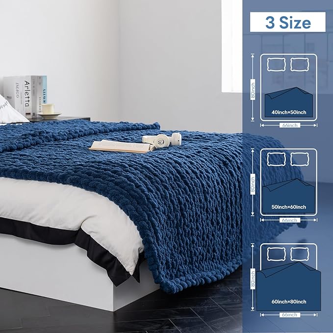 Chunky Knit Blanket - Luxury Soft Cozy 50 * 60 Throw Blanket,100% Woven Blanket Rope Knot Throw Blanket for Couch, Sofa, Home Decor, Gift - Machine Washable（Deep Blue）-Ruum Studio Home