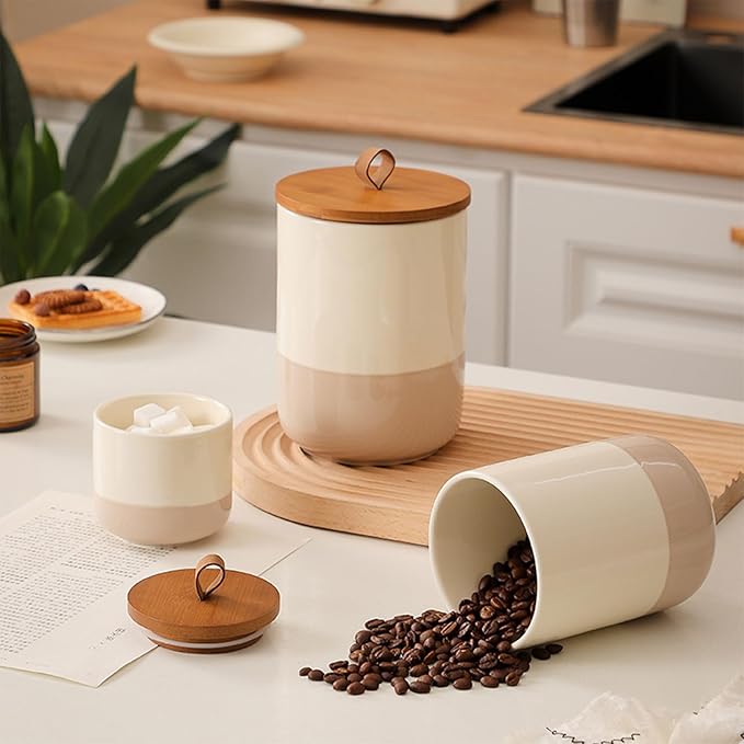 Coffee Canister, Ceramic Food Storage Jars with Lids Salt Matcha Container Brown Sugar Container Bowl for Kitchen Tea, Coffee Beans, Spice (#001Khaki-44oz/1300ml)-Ruum Studio Home