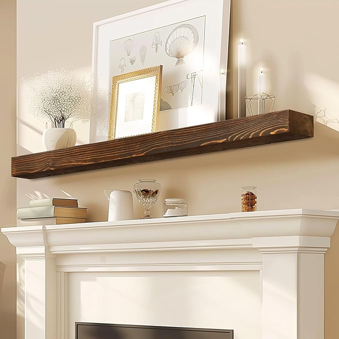 48x8x3 Fireplace Mantel - Solid Rustic Wood - Wall Mounted Floating Shelf with Invisible Heavy Duty Steel Bracket (Weathered Brown)-Ruum Studio Home