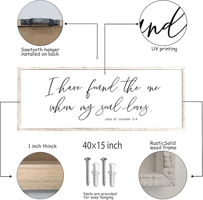 I Have Found The One Whom My Soul Loves Sign Wall Art Decor 40"x15" Modren Master Bedroom Above Bed Wood Framed Song of Solomon 3:4 Large Living Room Bible Verse Wall Hanging (White)-Ruum Studio Home