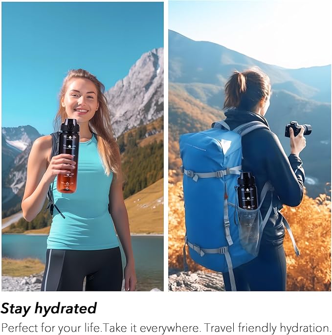 32oz Motivational Water Bottles with Time Marker & Fruit Strainer, Transparent Gradient Color Water Bottle with Times to Drink, Leakproof & BPA Free, Reusable Bottle with Strap (No Straw)-Ruum Studio Home