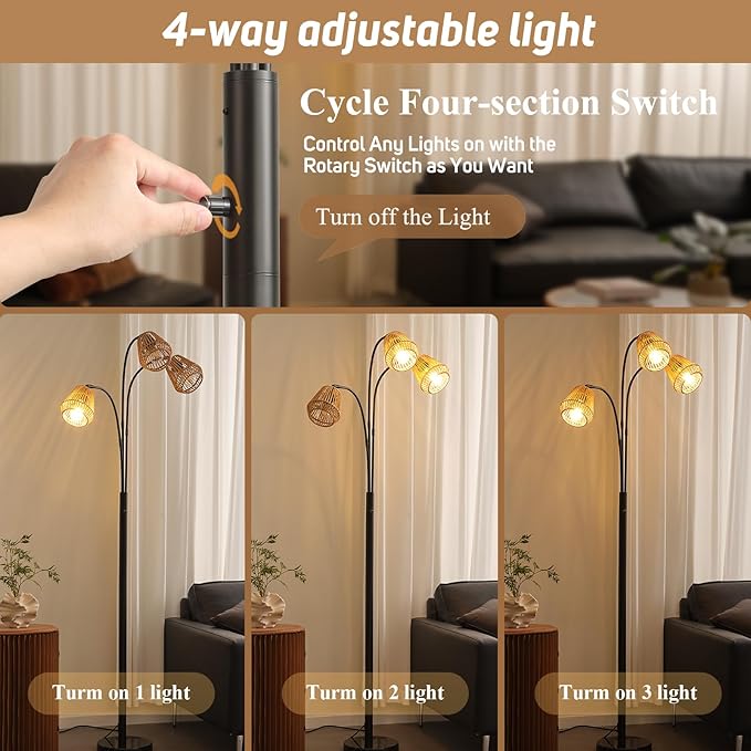 Rattan Floor Lamp for Living Room, 72 Inch Tall Boho Floor Lamp with Rotary Switch, 3 Light Arc lamp with Wicker Shade for Coastal,Bohemian,Rustic,Beach Tree,Farmhouse Standing Lamp-Ruum Studio Home