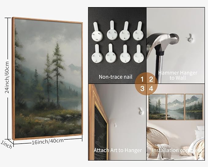 SIGNINART Large Misty Mountain Framed Canvas Wall Art, Green Forest River Scenery Wall Decor, Modern Foggy Wooden Landscape Artwork, Oil Style Nature Art Print for Living Room Bedroom Office 24"x36"x3-Ruum Studio Home