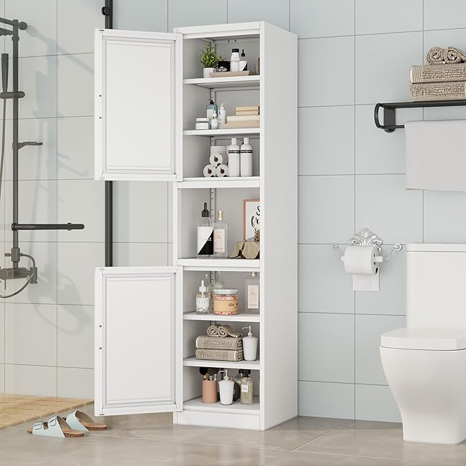 Tall Narrow Storage Cabinet 66.93" H Tall Bathroom Cabinets Metal Pantry Cabinet, 4 Adjustable Shelves for Kitchen, Home Office, Living Room, Dinning Room (16 inches Wide White)-Ruum Studio Home