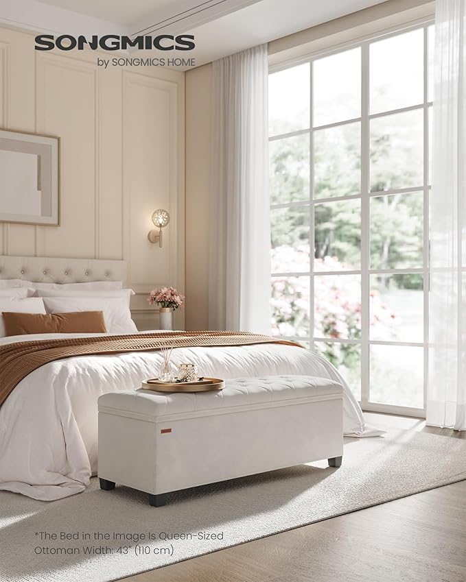 SONGMICS Velvet Storage Ottoman Bench, Foot Rest with Legs, 15.7 x 43 x 15.7 Inches, End of Bed Bench, Storage Chest, Load up to 660 lb, for Living Room, Bedroom, Entryway, Cream White ULSF089W01-Ruum Studio Home