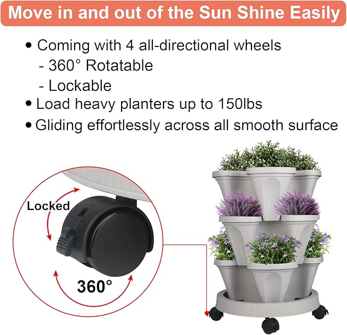 Vertical Planter 3 Tier Stackable Planters Garden Planters Strawberry Herb Flower and Vegetable Planter Indoor Outdoor Gardening Pots with Removable Wheels and Tools-Ruum Studio Home