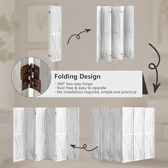 6 Panel Pegboard Room Divider, 5.6Ft Pegboard Display Folding Privacy Screens, Wood Room Divider Peg Board Display Freestanding for Trade Show Craft Show Home Wall Organizer, Retro White-Ruum Studio Home