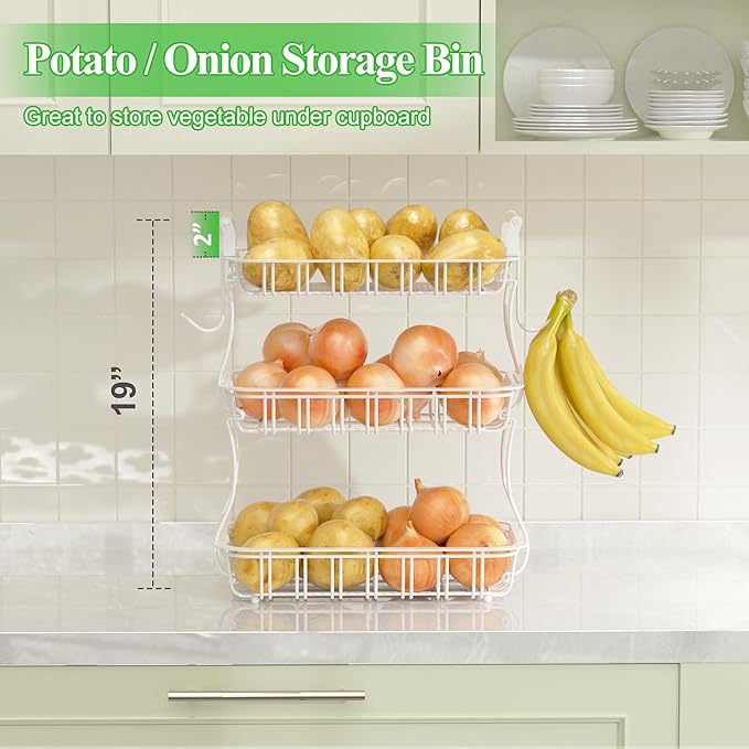 3 Tier Fruit Basket with 2 Banana Hooks, Large Capacity Multifunctional Detachable Sturdy Fruit Bowl with Wooden Handle Mesh Top for Kitchen Counter, for Bread Snacks Vegetables Produce, White-Ruum Studio Home