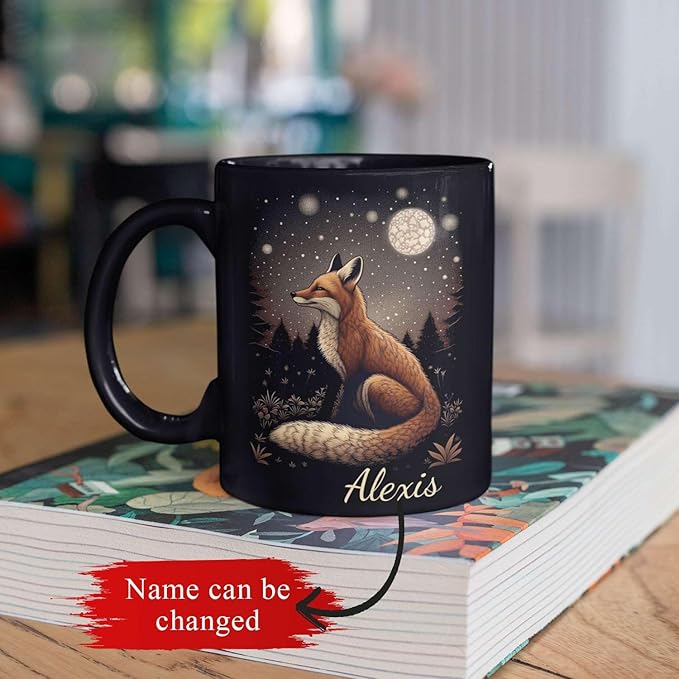 Animal Lover Mug with Custom Name, Nature Inspired Coffee Mug 11oz or 15oz, Personalized Cute Fox Ceramic Cup, Unique Animal Art Black Coffee Cup, Gifts for Friends, Family-Ruum Studio Home