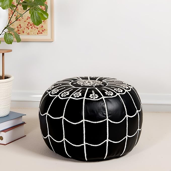 Stuffed Arch Design Moroccan Leather Pouf Ottoman, Handmade, Pre-Filled, 100% Genuine Leather, 14” Height x 22” Diameter – Boho Chic Footstool & Living Room Décor (Black)-Ruum Studio Home