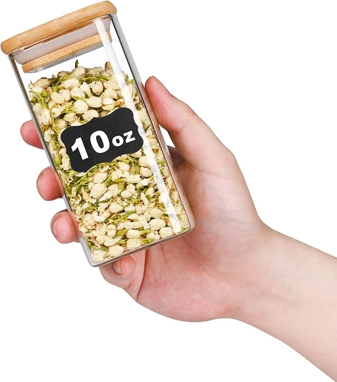 Glass Food Storage Jars Square 10oz, 12 Pack Glass Jars With Bamboo Lids, Kitchen Storage Containers For Spice, Candy, Cookie, Storage For Pantry Organizers-Ruum Studio Home