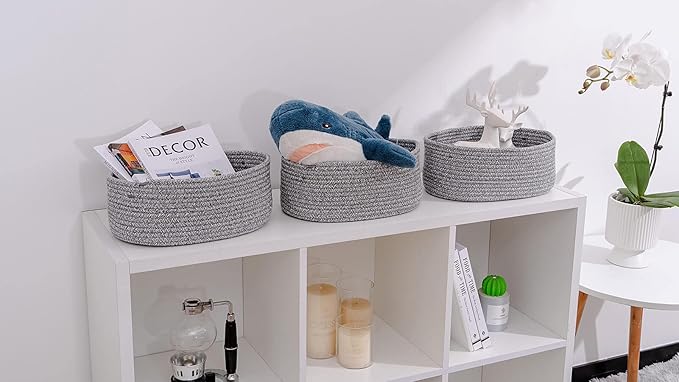 Baskets to Store Organize Household Items/Cute Basket&Bin for Shelf Storage Woven Rope Basket for Living Room, Bedroom,Play room/13x8.66x5.11’’ Cotton Rope,Durable&Stylish,Oval 3 Packs Gray-Ruum Studio Home