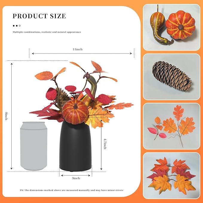 Autumn Artificial Potted Plant Decorations, Maple Leaves, Pinecones, Pumpkins with Black Ceramic Vase for Home,Thankgiving Table Decoration-Ruum Studio Home