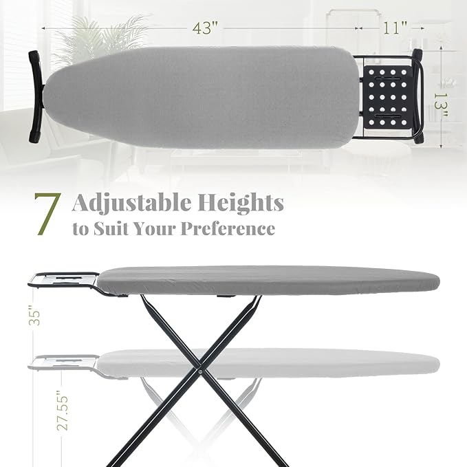 Ironing Board Full Size, RAINHOL 43"x13" Heavy Duty Compact Ironing Board with Iron Rest, Height Adjustable Sturdy Iron Stand, Grey Cover with Extra Thick Padding-Ruum Studio Home
