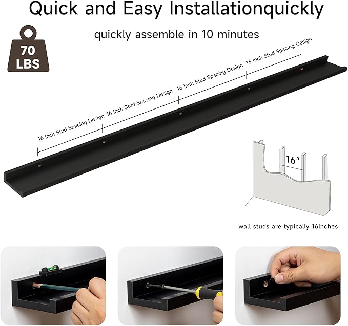 Floating Picture Ledge Shelves for Wall Set of 2, 84 Inches Picture Ledge Shelf with Long Large Nursery Book Shelf for Toys Storage Kids Bookshelf Wall Mounted Living Room Bedroom Decor Frames, Black-Ruum Studio Home