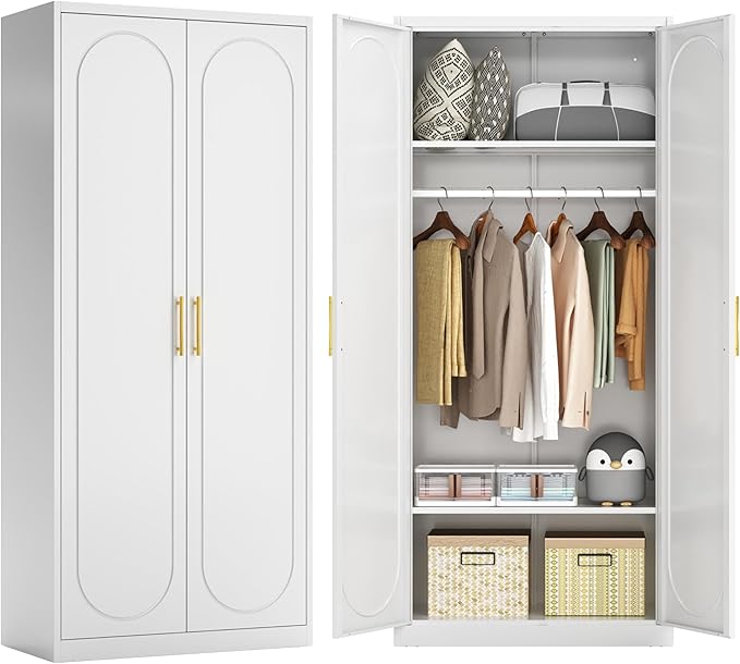 71" White Wardrobe Closet with 2 Doors, Metal Armoire Wardrobe Cabinet with Hanging Rod and Adjustable Shelves, Clothing Storage Cabinets for Bedroom, Laundry Room, Home Office-Ruum Studio Home